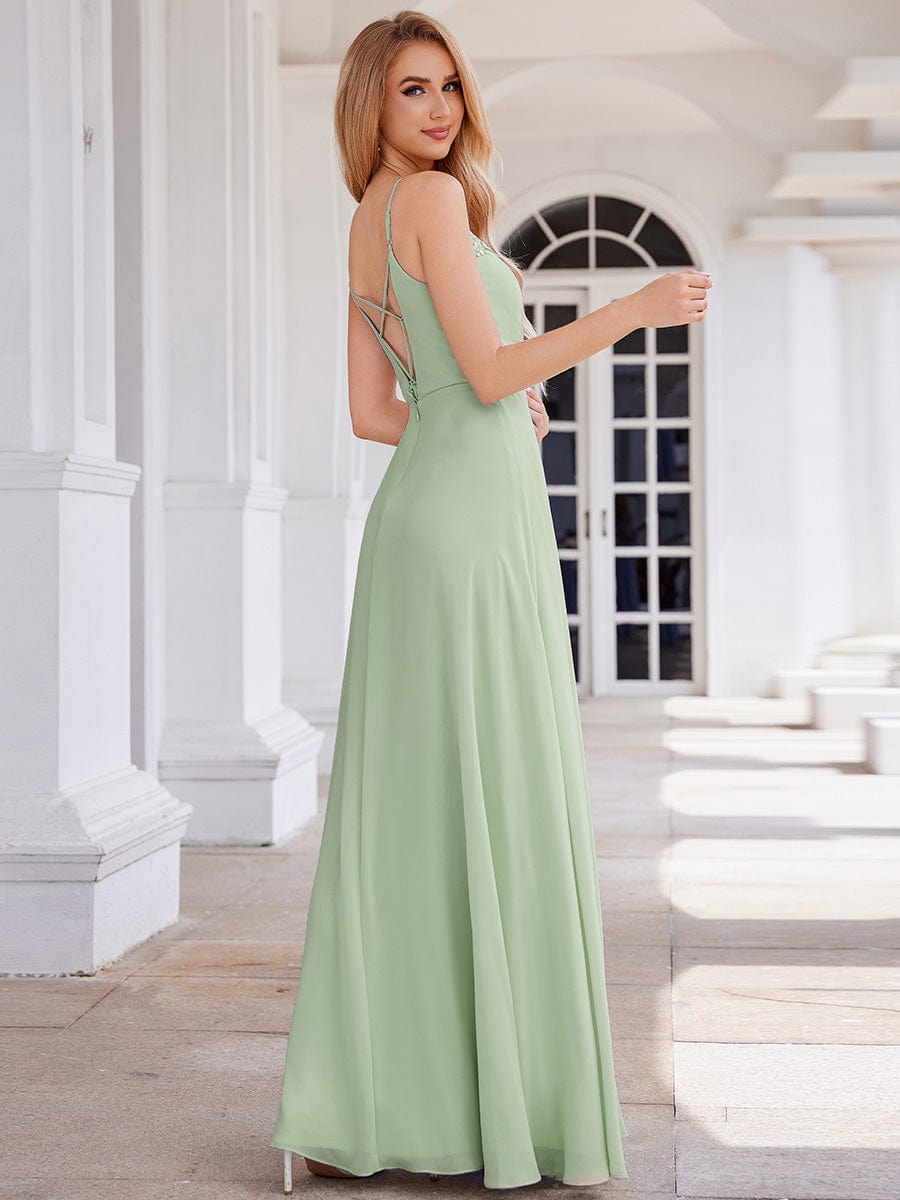 Robe de demoiselle d'honneur chic plissée à col en V et sans manches à la taille appliquée #Couleur_Menthe Verte