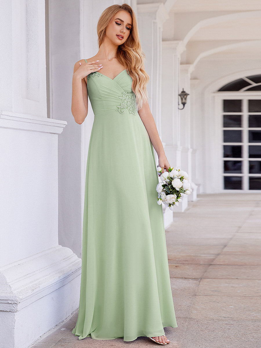 Robe de demoiselle d'honneur chic plissée à col en V et sans manches à la taille appliquée #Couleur_Menthe Verte