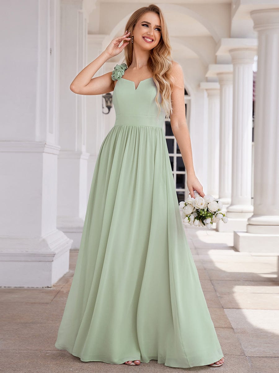 Robe de demoiselle d'honneur élégante en mousseline de soie col en V bretelles florales taille empire #Couleur_Menthe Verte