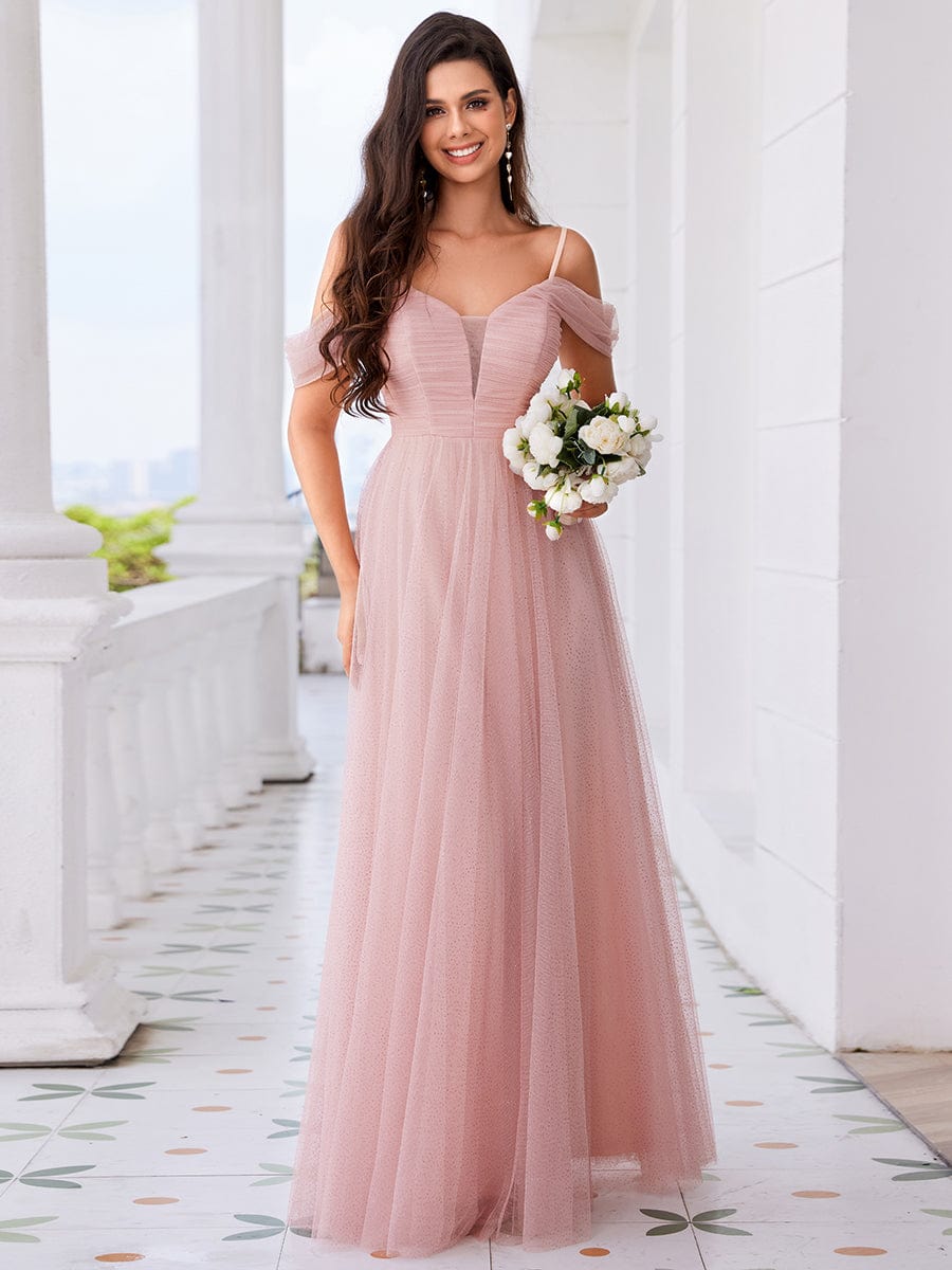 Robe de demoiselle d'honneur trapèze en tulle dos nu avec bretelles spaghetti #Couleur_Rose