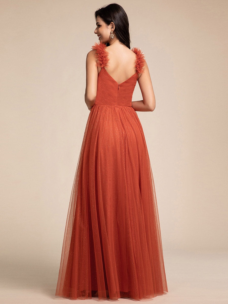 Robe longue de demoiselle d'honneur plissée sans manches à paillettes #Couleur_Orange Brûlée