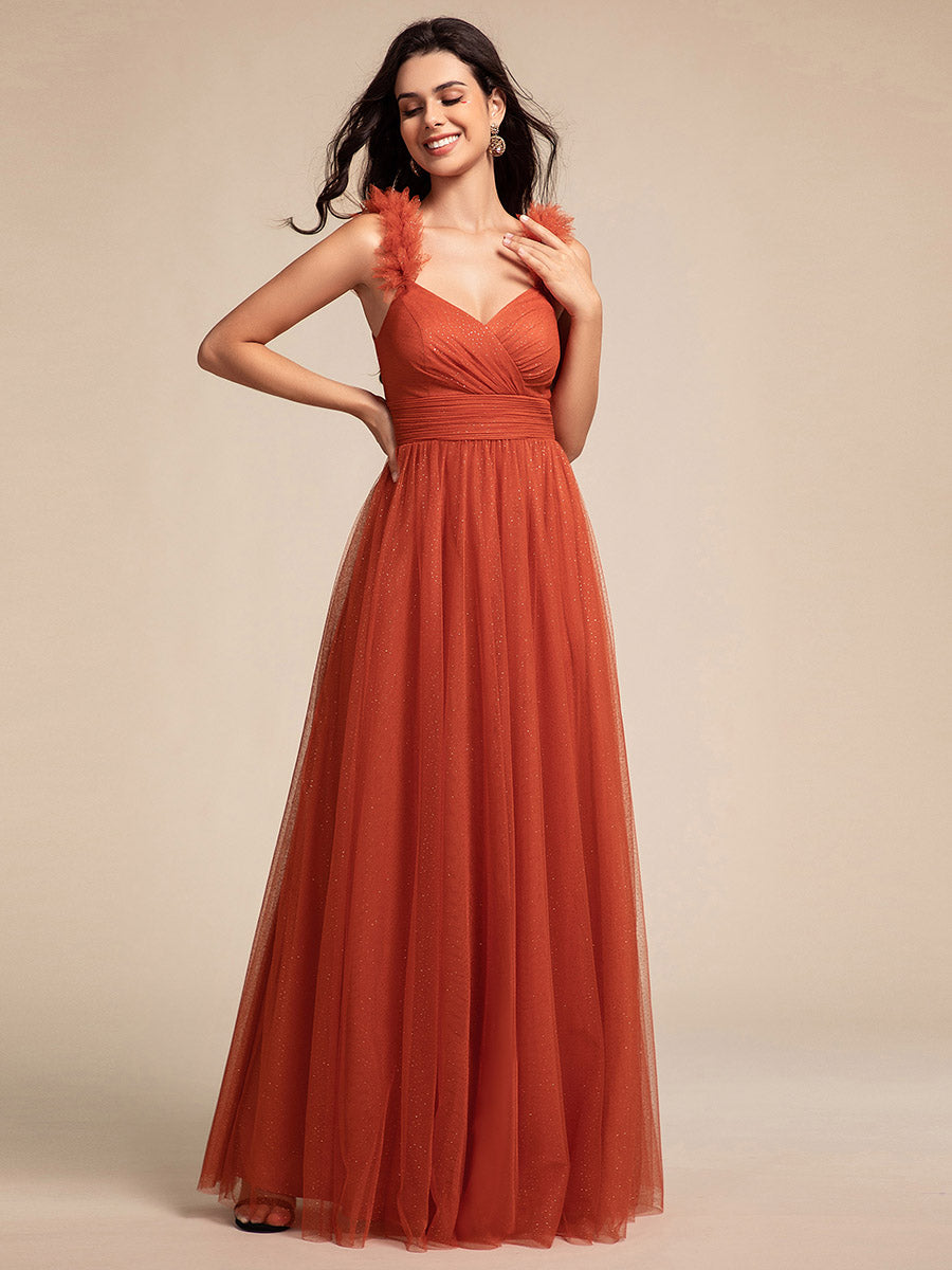 Robe longue de demoiselle d'honneur plissée sans manches à paillettes #Couleur_Orange Brûlée