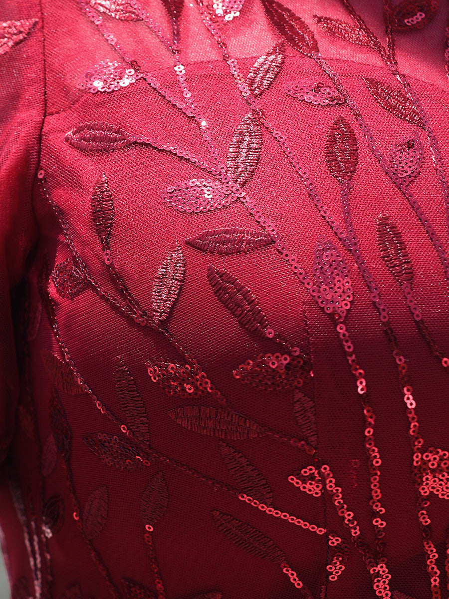 Robe Sirène Grande Taille en Tulle à Imprimé Floral et Paillettes #Couleur_Bordeaux