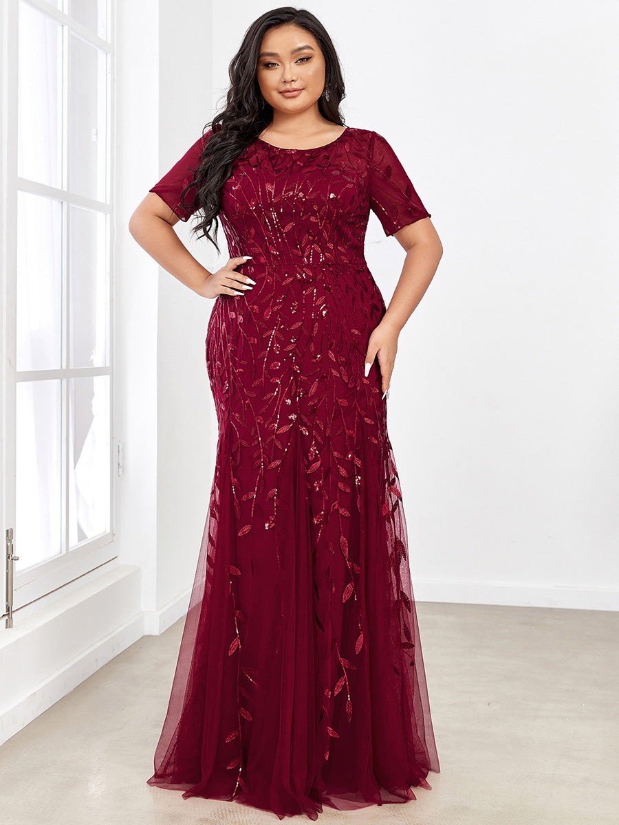 Robe Sirène Grande Taille en Tulle à Imprimé Floral et Paillettes #Couleur_Bordeaux