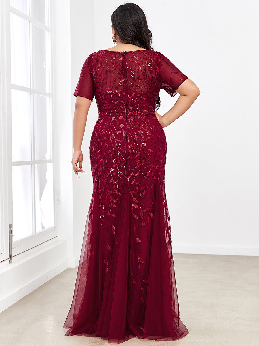 Robe Sirène Grande Taille en Tulle à Imprimé Floral et Paillettes #Couleur_Bordeaux