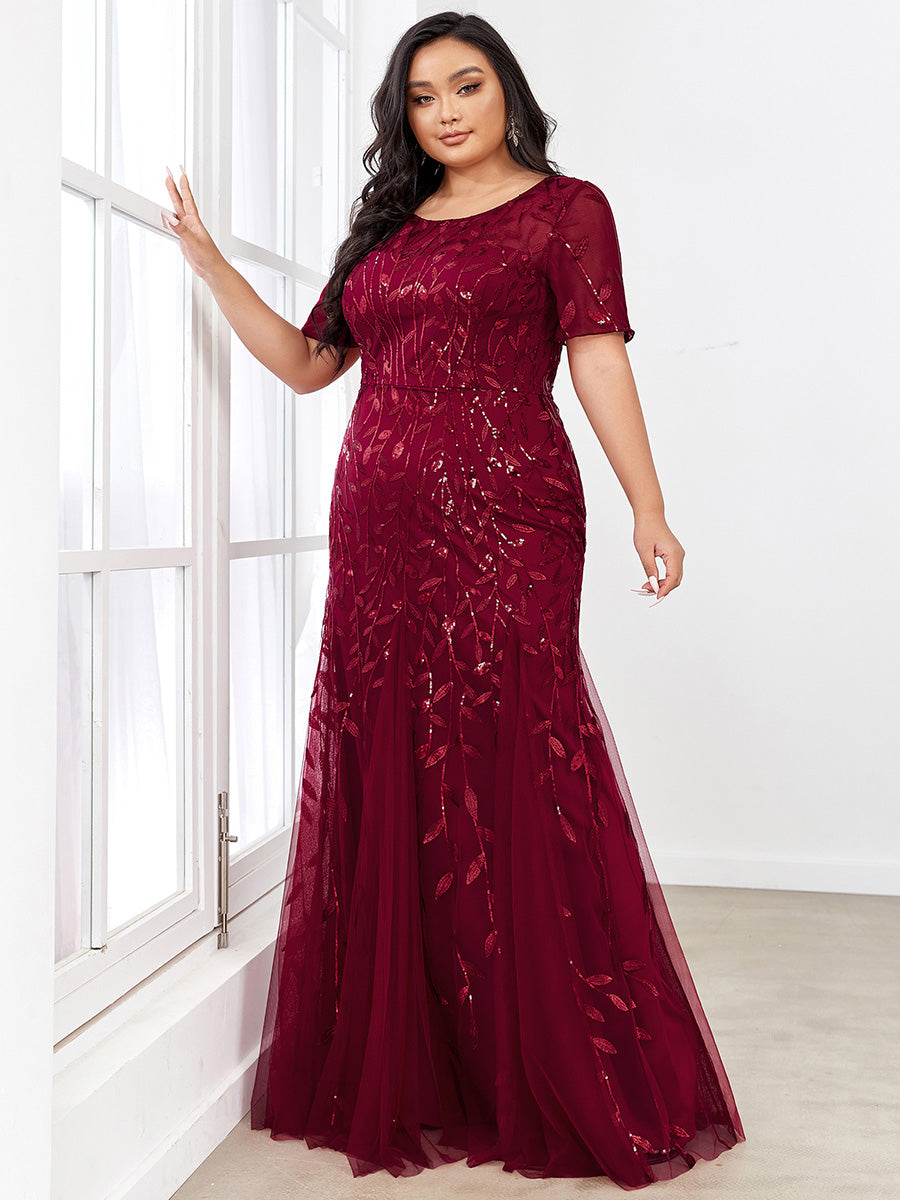 Robe Sirène Grande Taille en Tulle à Imprimé Floral et Paillettes #Couleur_Bordeaux