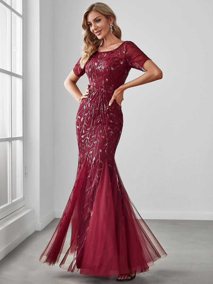 Robes de soirée Longues Sirène en Tulle à Imprimé Floral et Paillettes #Couleur_Bordeaux