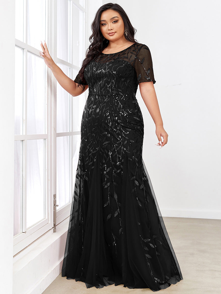 Robe Sirène Grande Taille en Tulle à Imprimé Floral et Paillettes #Couleur_Noir