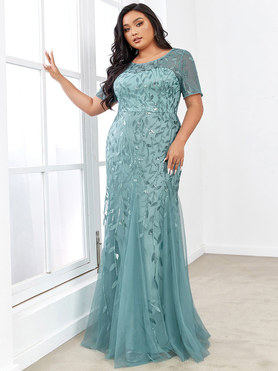 Robe Sirène Grande Taille en Tulle à Imprimé Floral et Paillettes #Couleur_Bleu Fume