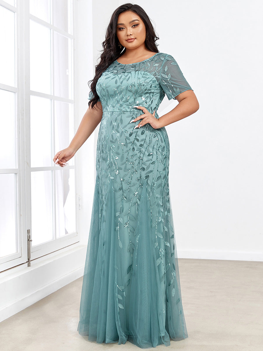 Robe Sirène Grande Taille en Tulle à Imprimé Floral et Paillettes #Couleur_Bleu Fume