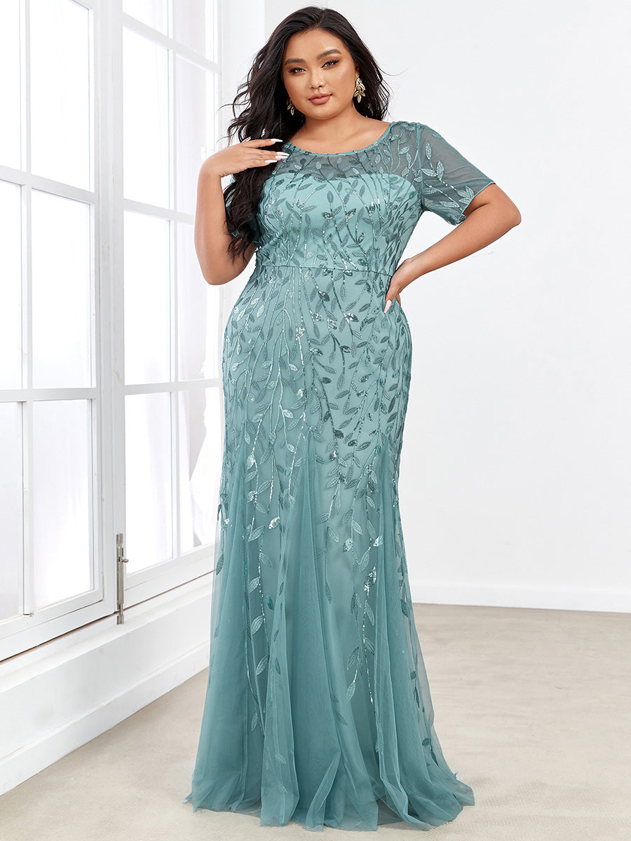 Robe Sirène Grande Taille en Tulle à Imprimé Floral et Paillettes #Couleur_Bleu Fume