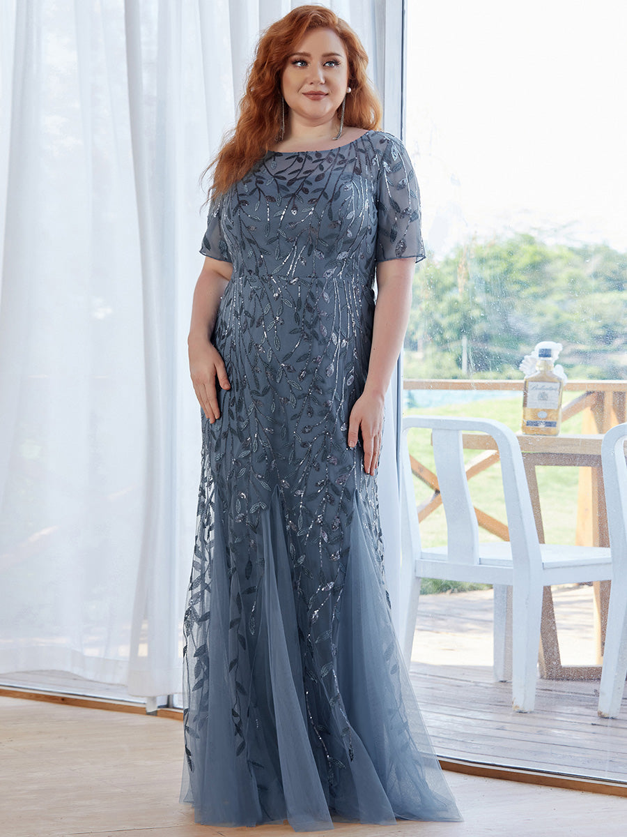 Robe Sirène Grande Taille en Tulle à Imprimé Floral et Paillettes #Couleur_Marine Fume