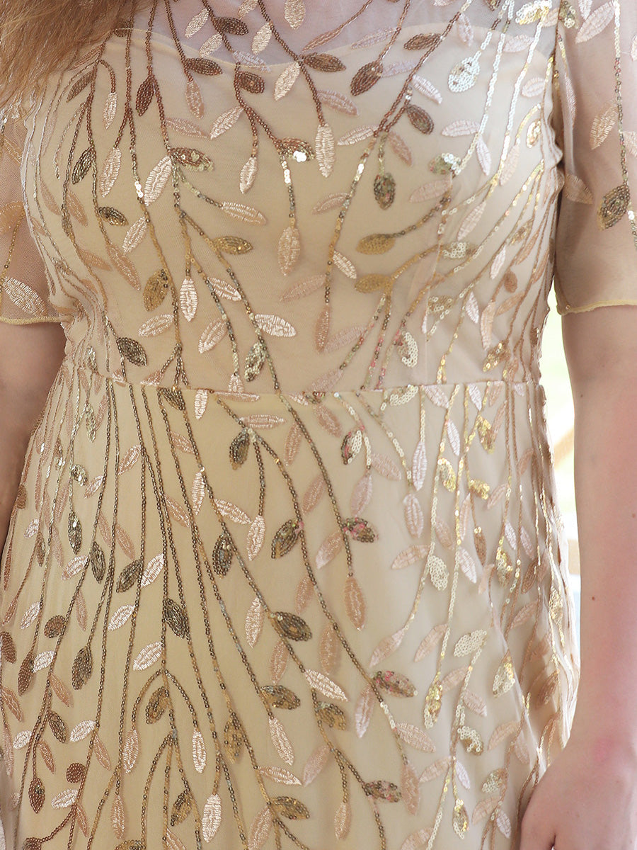 Robe Sirène Grande Taille en Tulle à Imprimé Floral et Paillettes #Couleur_Or