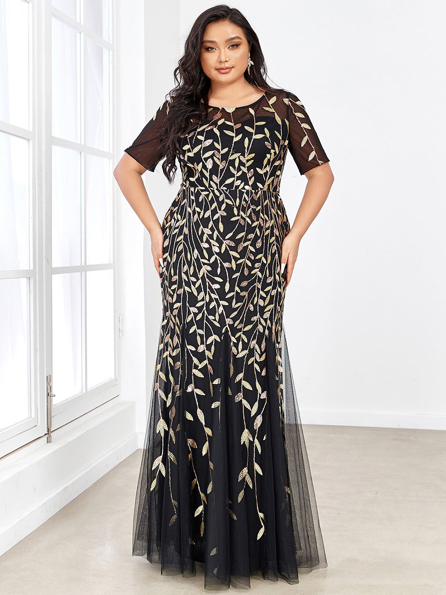 Robe Sirène Grande Taille en Tulle à Imprimé Floral et Paillettes #Couleur_Noir & Or