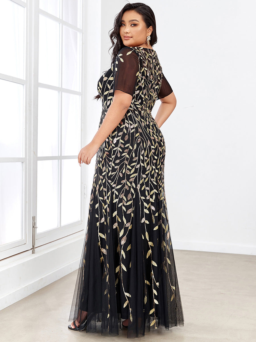 Robe Sirène Grande Taille en Tulle à Imprimé Floral et Paillettes #Couleur_Noir & Or