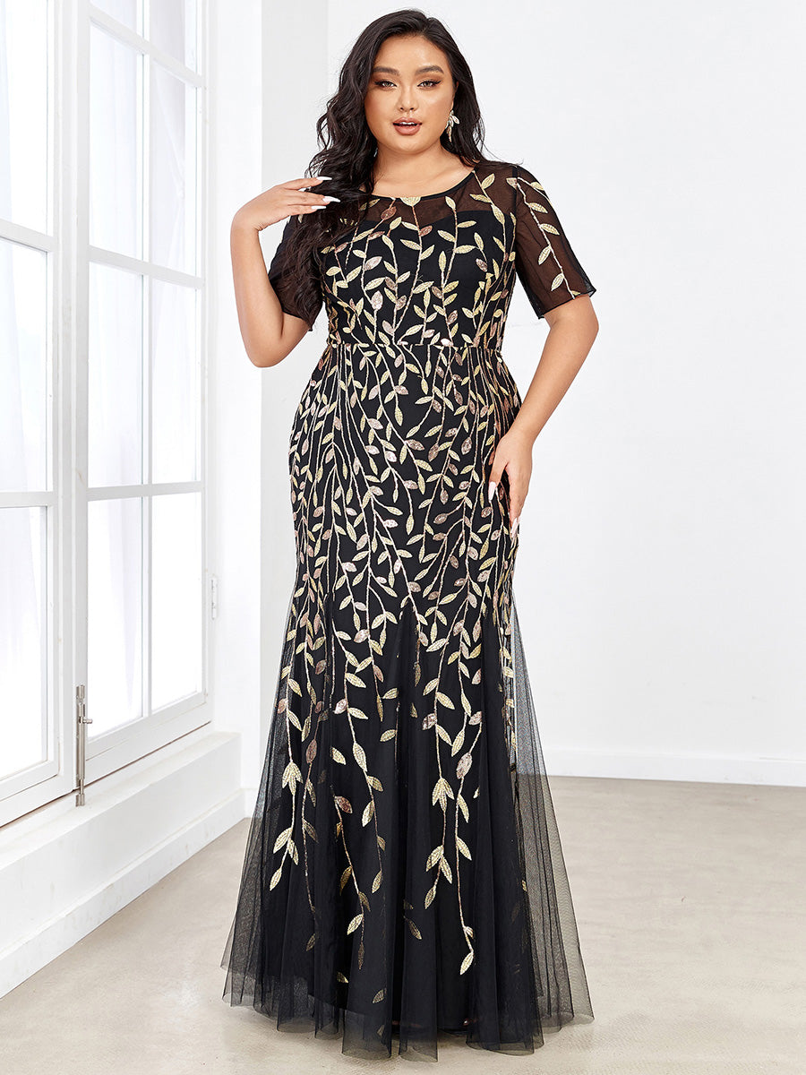 Robe Sirène Grande Taille en Tulle à Imprimé Floral et Paillettes #Couleur_Noir & Or