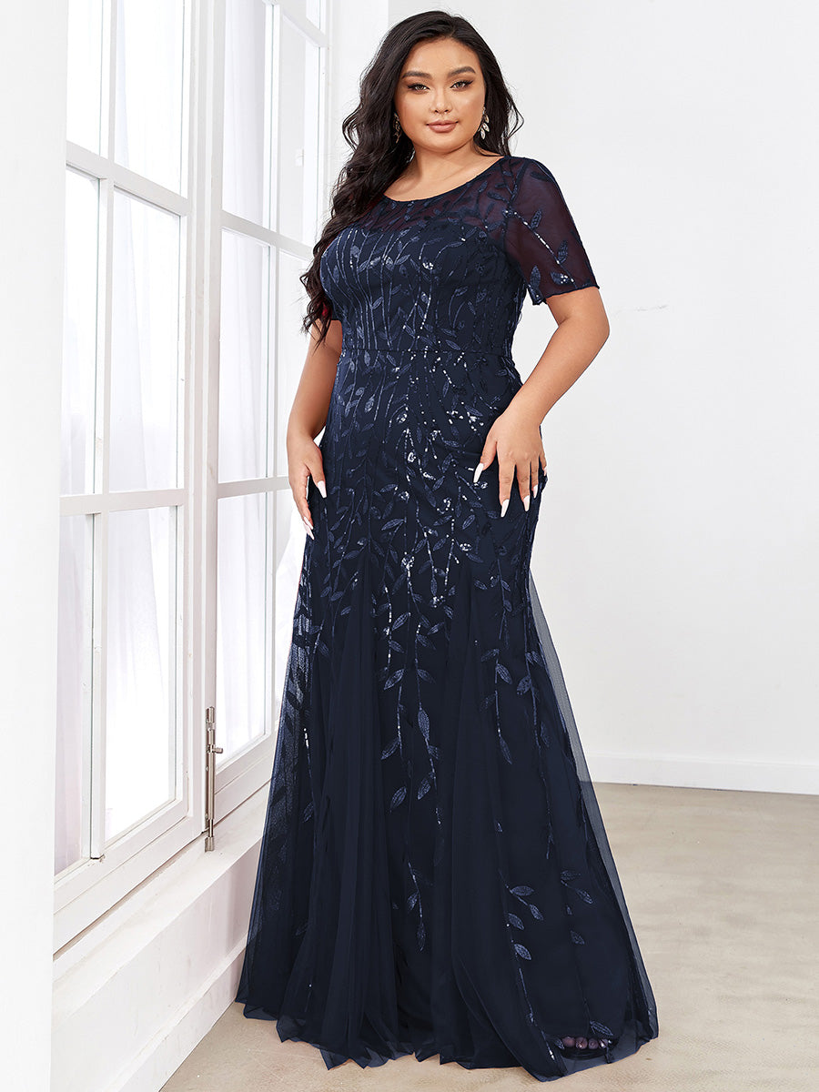 Robe Sirène Grande Taille en Tulle à Imprimé Floral et Paillettes #Couleur_Bleu Marine