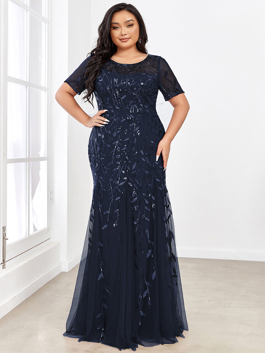 Robe Sirène Grande Taille en Tulle à Imprimé Floral et Paillettes #Couleur_Bleu Marine