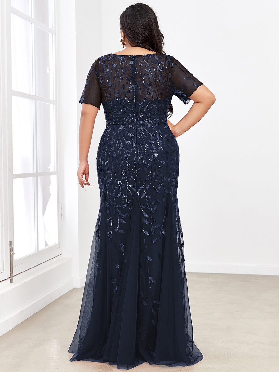 Robe Sirène Grande Taille en Tulle à Imprimé Floral et Paillettes #Couleur_Bleu Marine