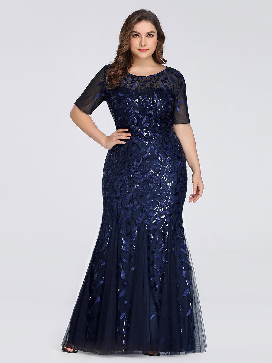 Robe Sirène Grande Taille en Tulle à Imprimé Floral et Paillettes #Couleur_Bleu Marine