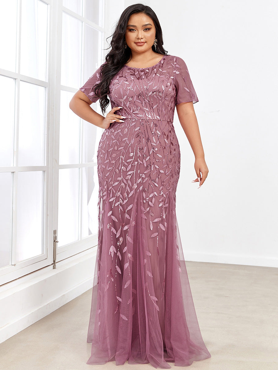 Robe Sirène Grande Taille en Tulle à Imprimé Floral et Paillettes #Couleur_Orchidee