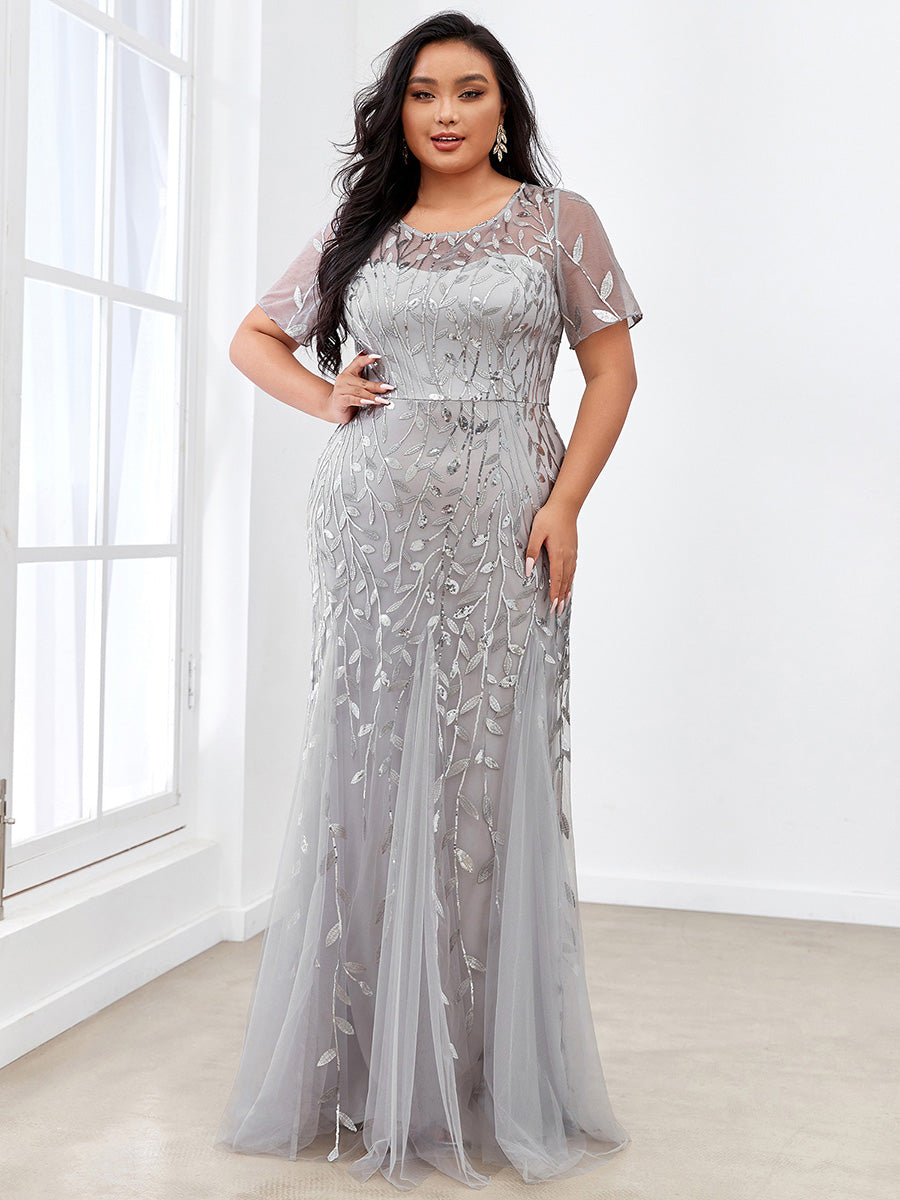 Robe Sirène Grande Taille en Tulle à Imprimé Floral et Paillettes #Couleur_Argent