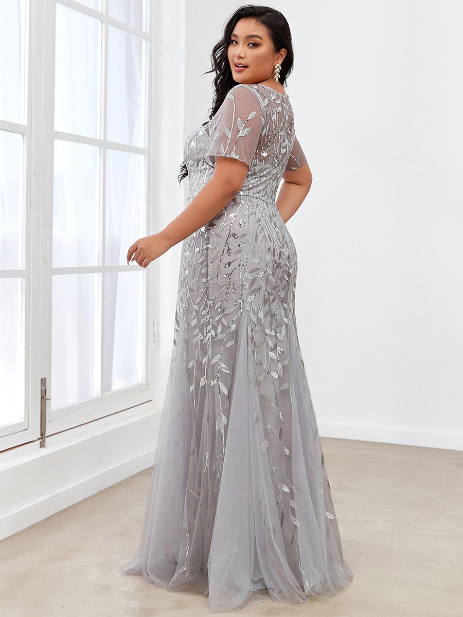 Robe Sirène Grande Taille en Tulle à Imprimé Floral et Paillettes #Couleur_Argent