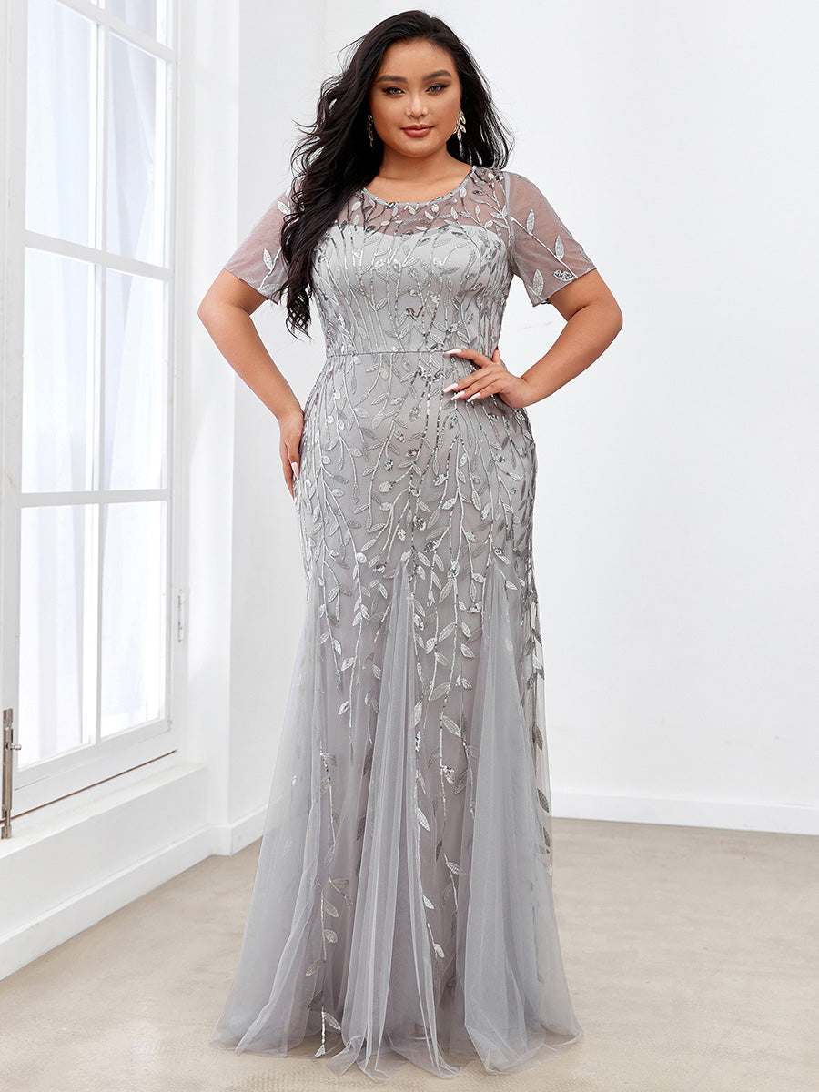 Robe Sirène Grande Taille en Tulle à Imprimé Floral et Paillettes #Couleur_Argent