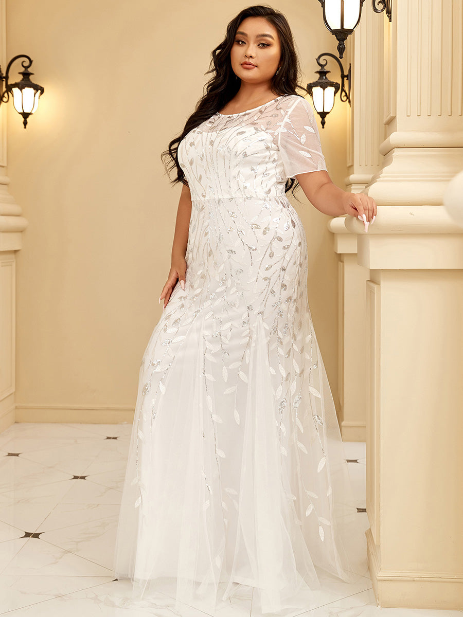 Robe Sirène Grande Taille en Tulle à Imprimé Floral et Paillettes #Couleur_Blanc