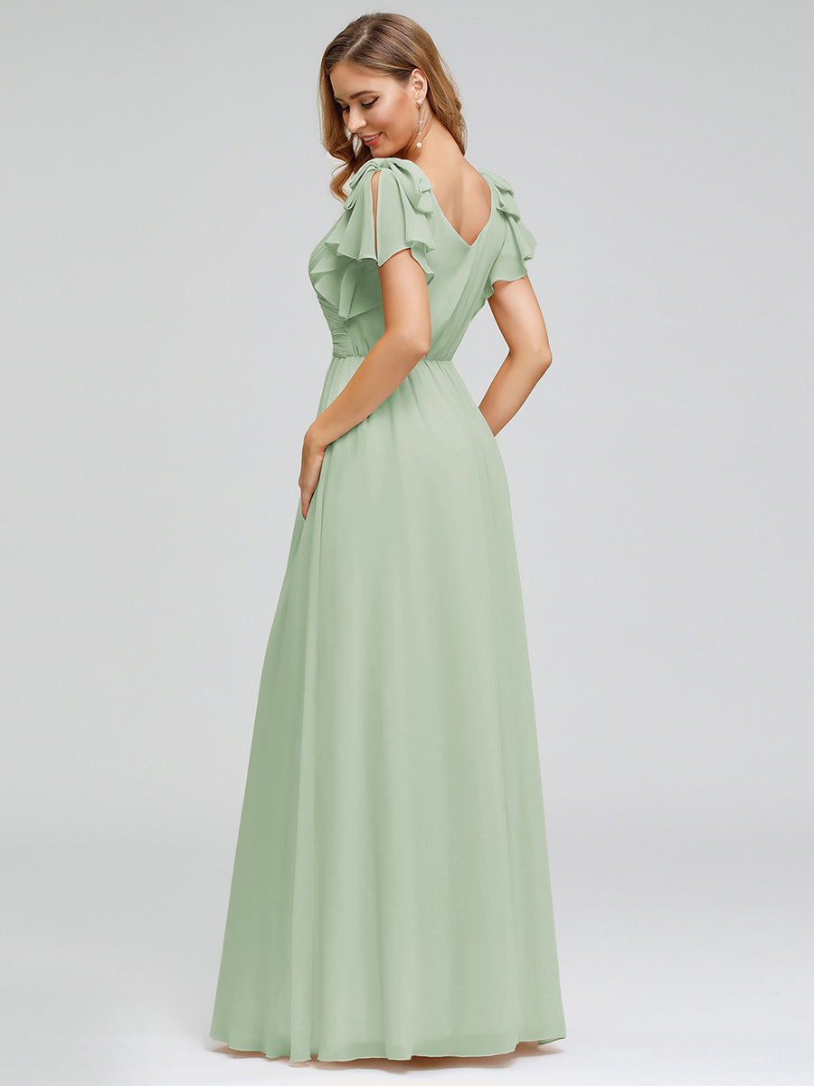 Robe Demoiselle d'Honneur Longue en Mousseline avec Manches à Volants #Couleur_Menthe Verte