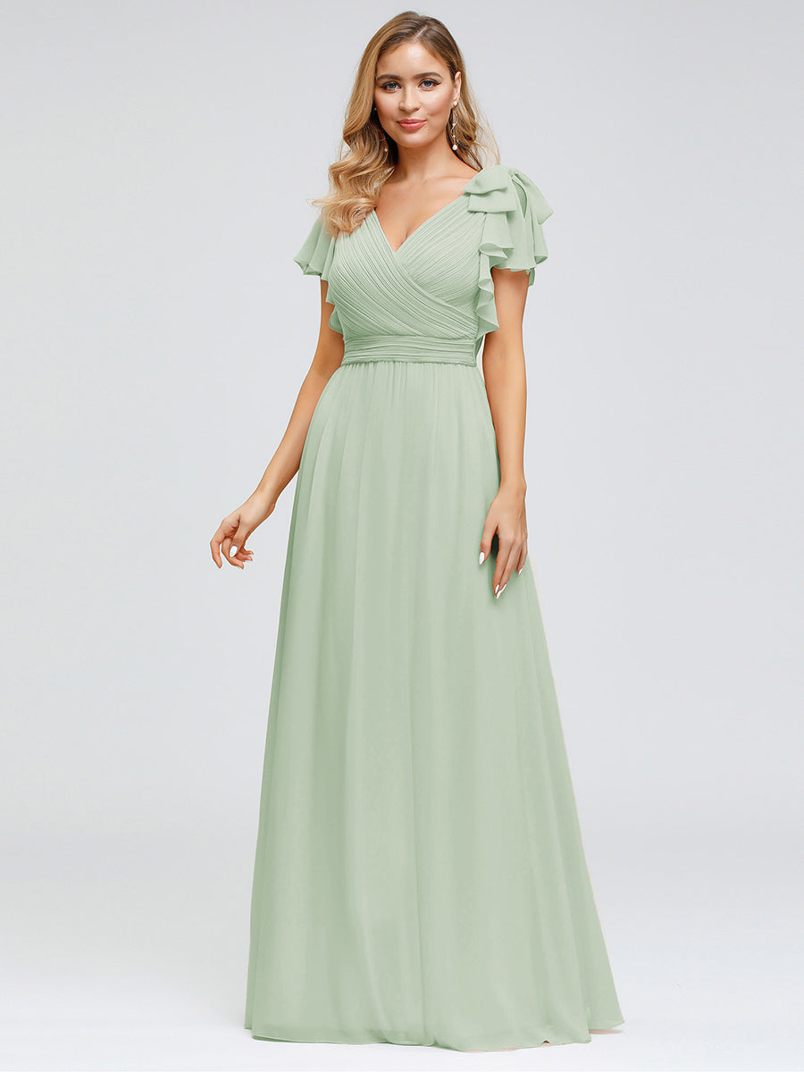 Robe Demoiselle d'Honneur Longue en Mousseline avec Manches à Volants #Couleur_Menthe Verte