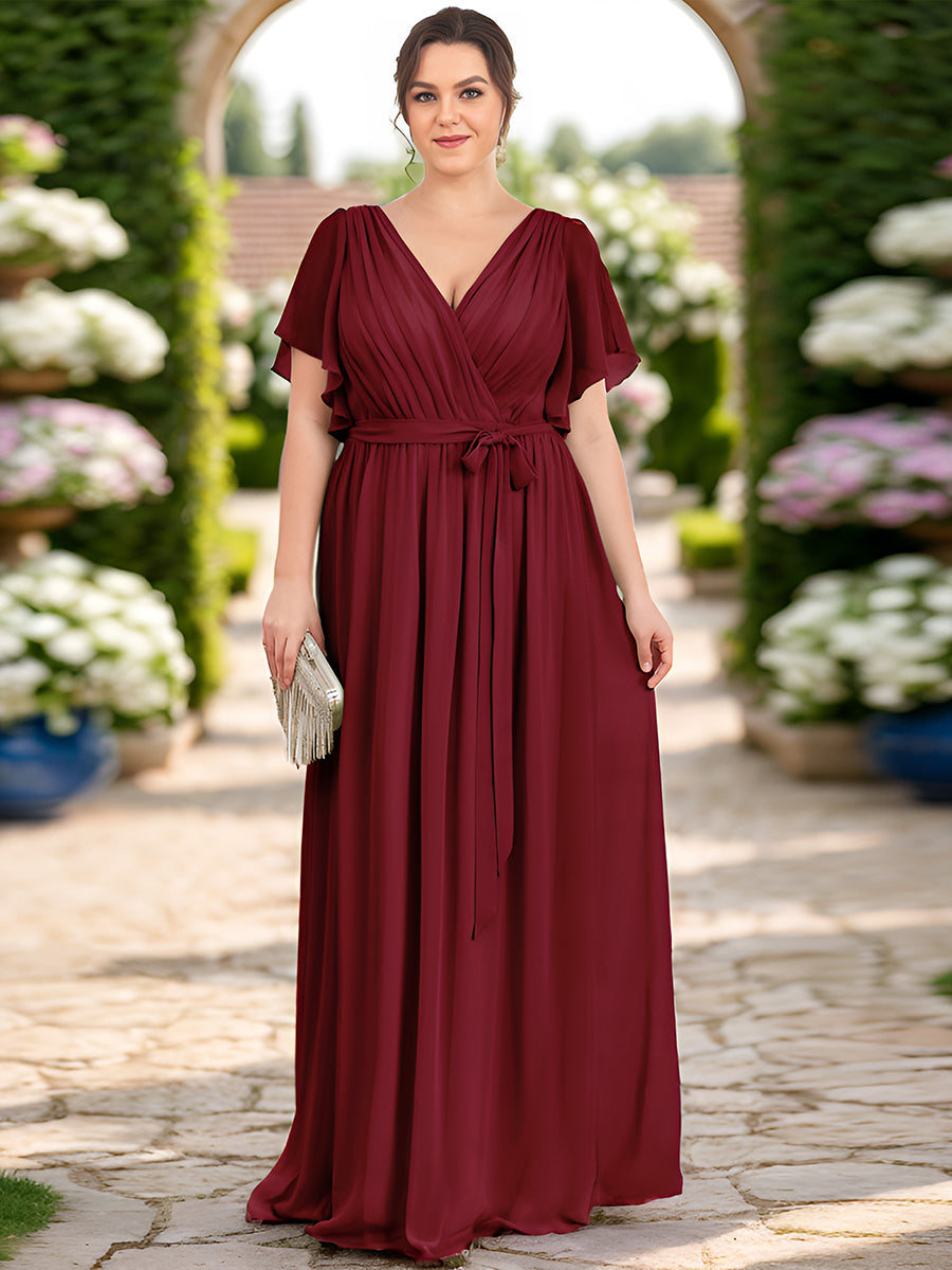 Robe mariage invitée en mousseline de soie à encolure en V et à manches flottantes #Couleur_Bordeaux