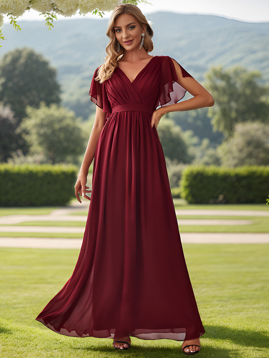 Robe mariage invitée en mousseline de soie à encolure en V et à manches flottantes #Couleur_Bordeaux