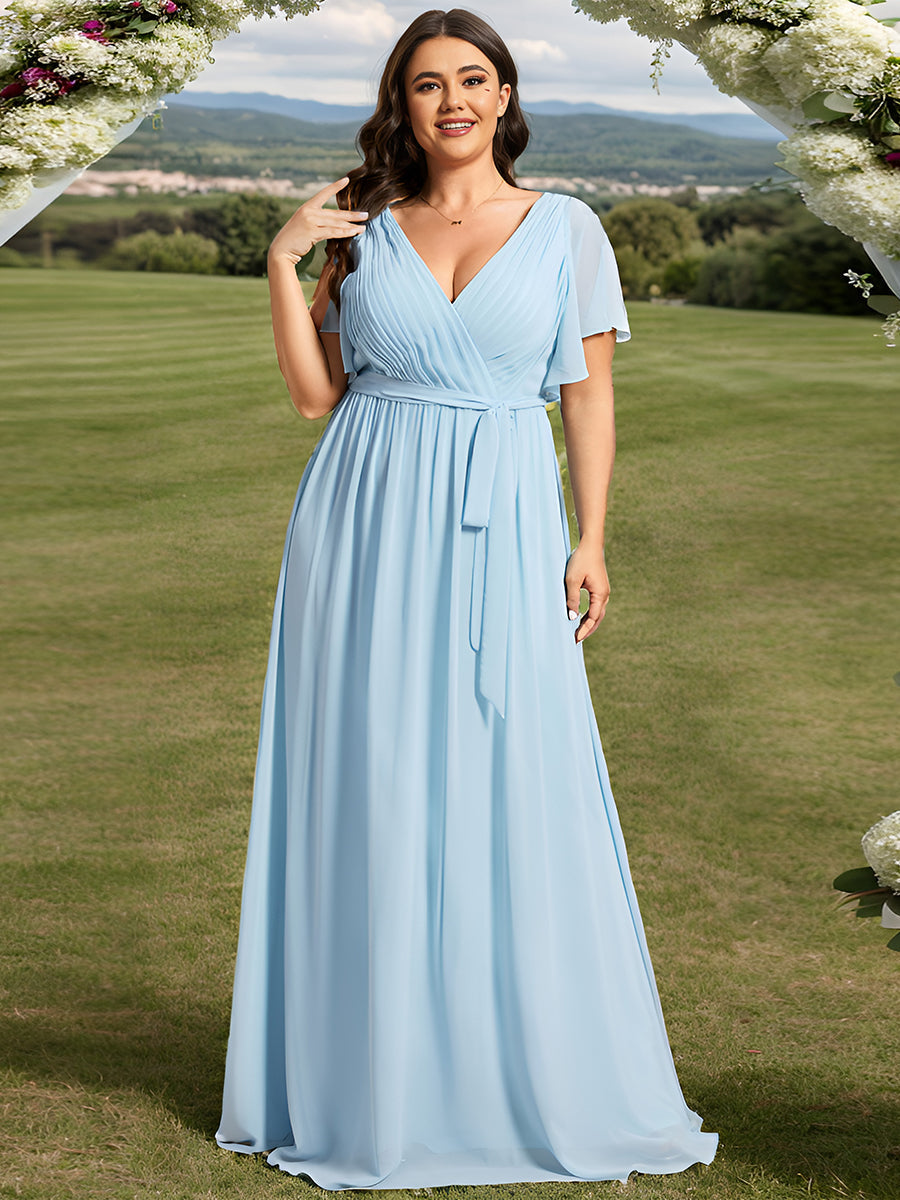 Robe mariage invitée en mousseline de soie longue de grande taille à encolure en V Maxi #Couleur_Bleu Ciel