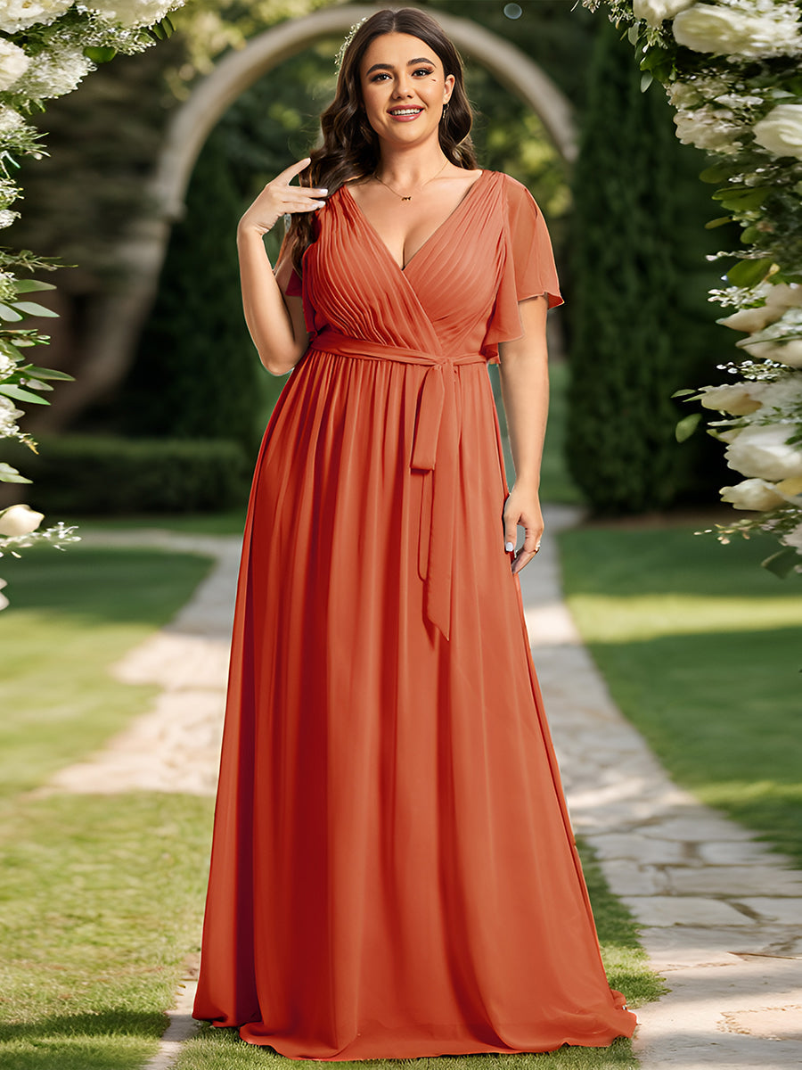 Robe de soirée en mousseline de soie longue de grande taille à encolureen V Maxi #Couleur_Burnt Orange