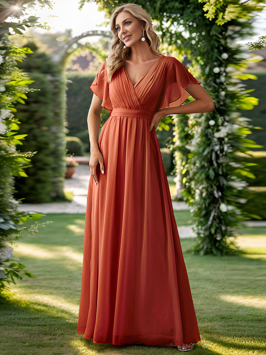 Robe mariage invitée en mousseline de soie à encolure en V et à manches flottantes #Couleur_Burnt Orange