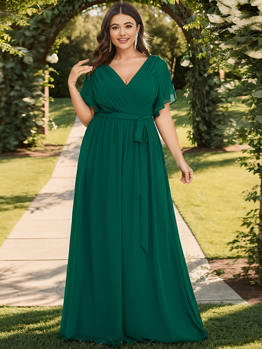 Robe de demoiselle d'honneur en mousseline de soie longue de grande taille à encolure #Couleur_Vert Fonce