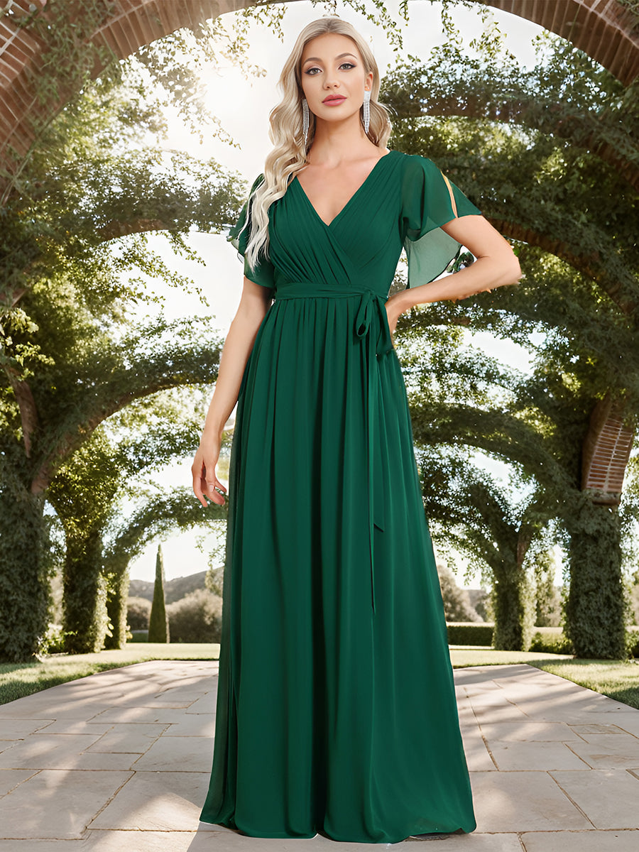 Robe mariage invitée en mousseline de soie à encolure en V et à manches flottantes #Couleur_Vert Fonce