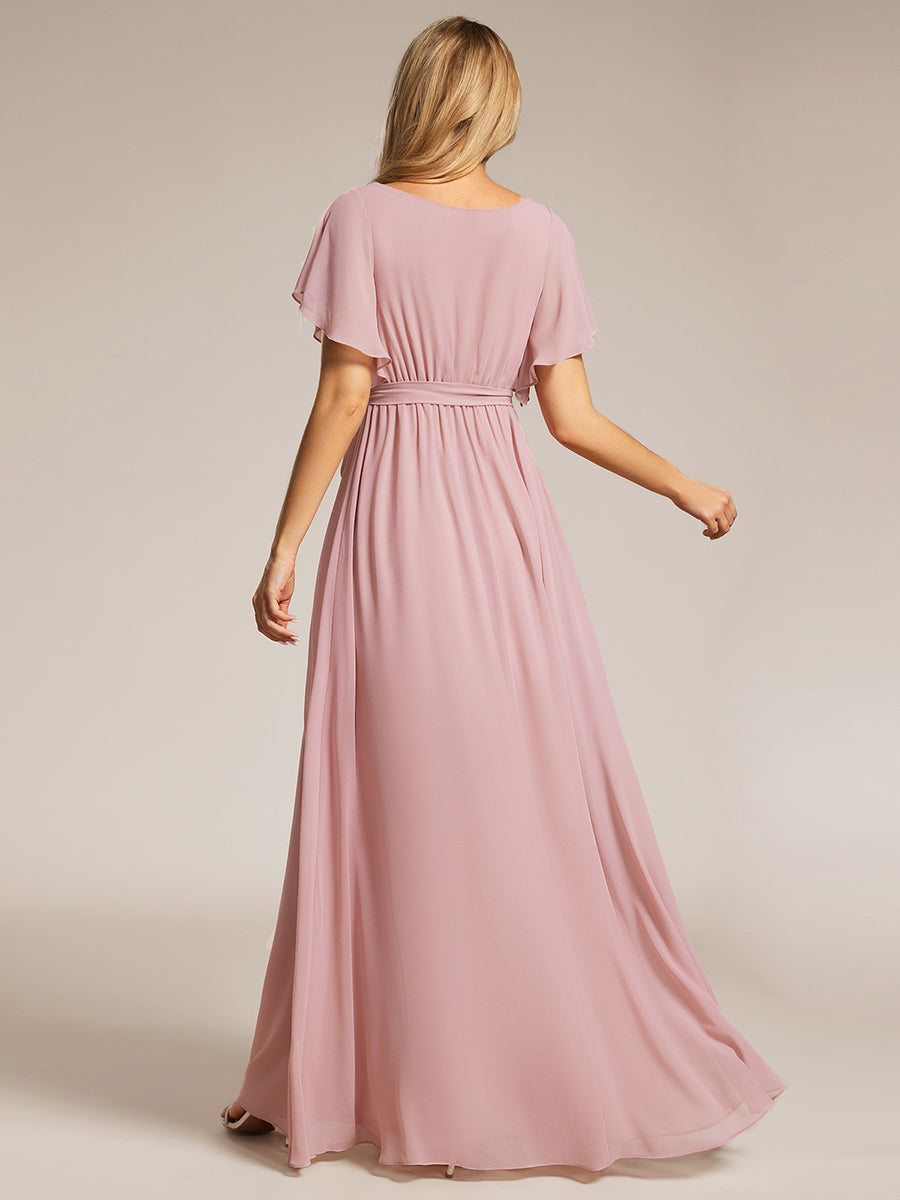 Robe mariage invitée en mousseline de soie à encolure en V et à manches flottantes #Couleur_Rose fumee