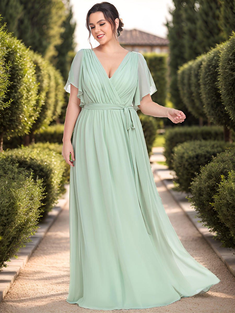 Robe mariage invitée en mousseline de soie à encolure en V et à manches flottantes #Couleur_Menthe Verte