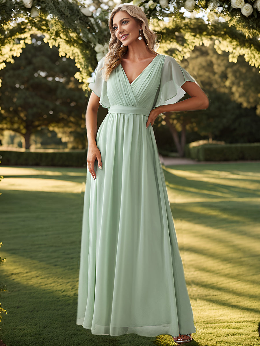 Robe mariage invitée en mousseline de soie à encolure en V et à manches flottantes #Couleur_Menthe Verte