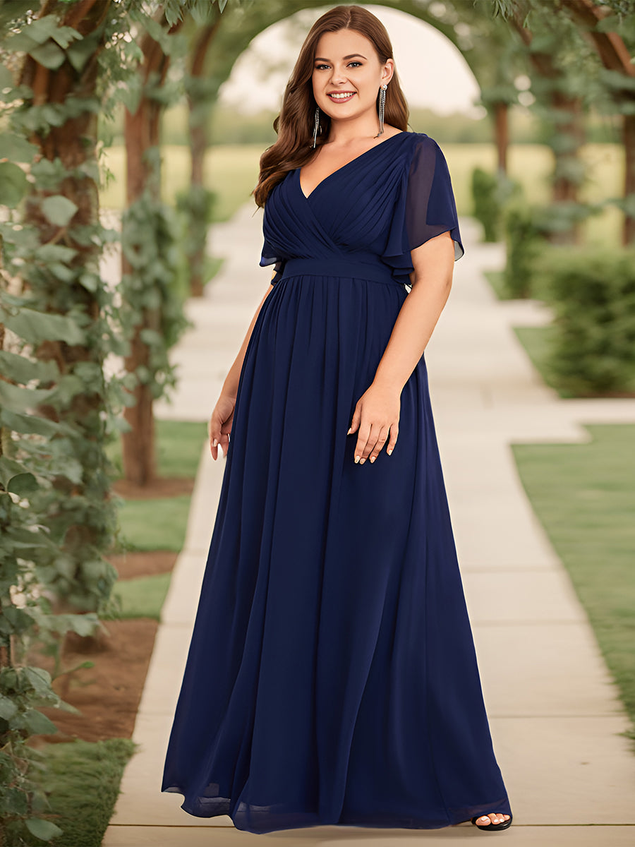 Robe mariage invitée en mousseline de soie longue de grande taille à encolure en V Maxi #Couleur_Bleu Marine