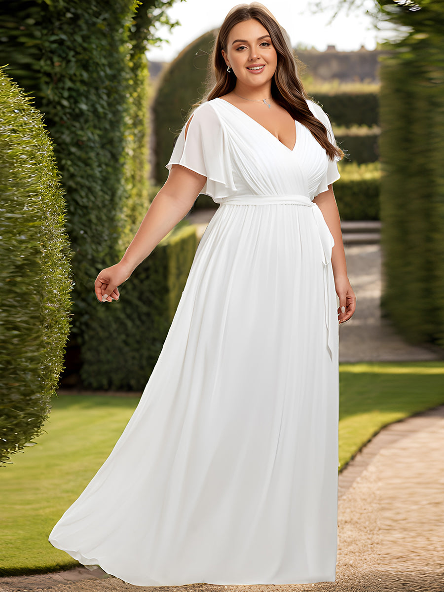 Robe de demoiselle d'honneur en mousseline de soie longue de grande taille à encolure #Couleur_Blanc