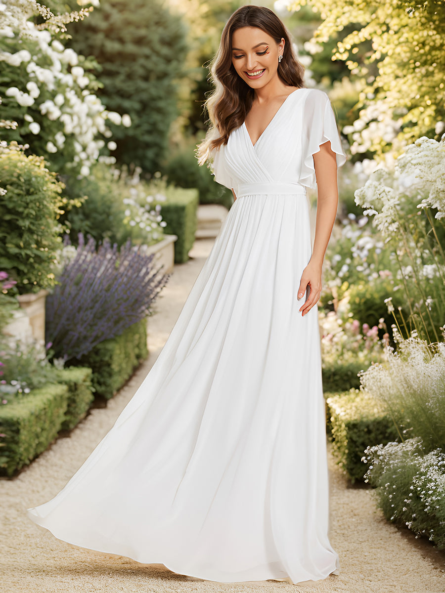 Robe mariage invitée en mousseline de soie à encolure en V et à manches flottantes #Couleur_Blanc