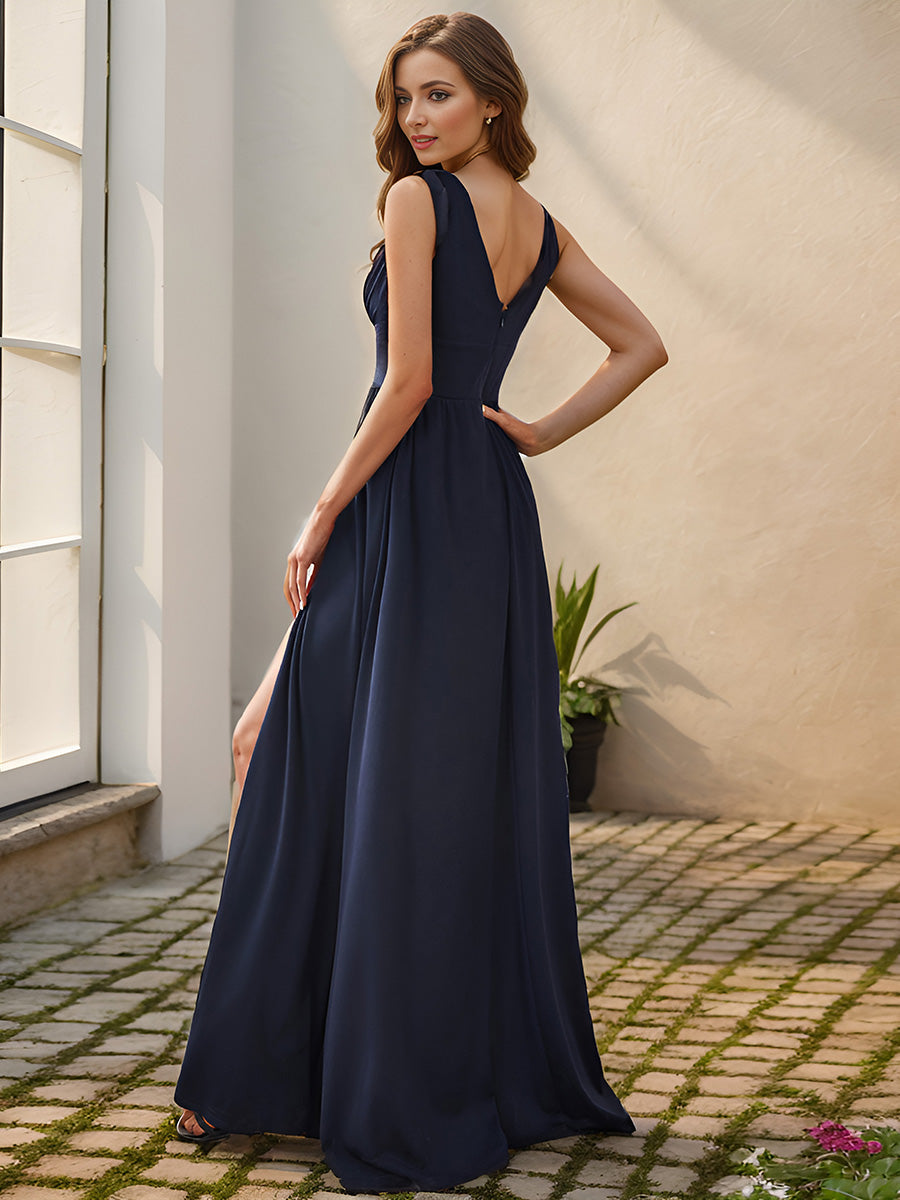 Robe de Bal Demoiselle d'Honneur longue au sol à taille empire et à encolure en V #Couleur_Bleu Marine