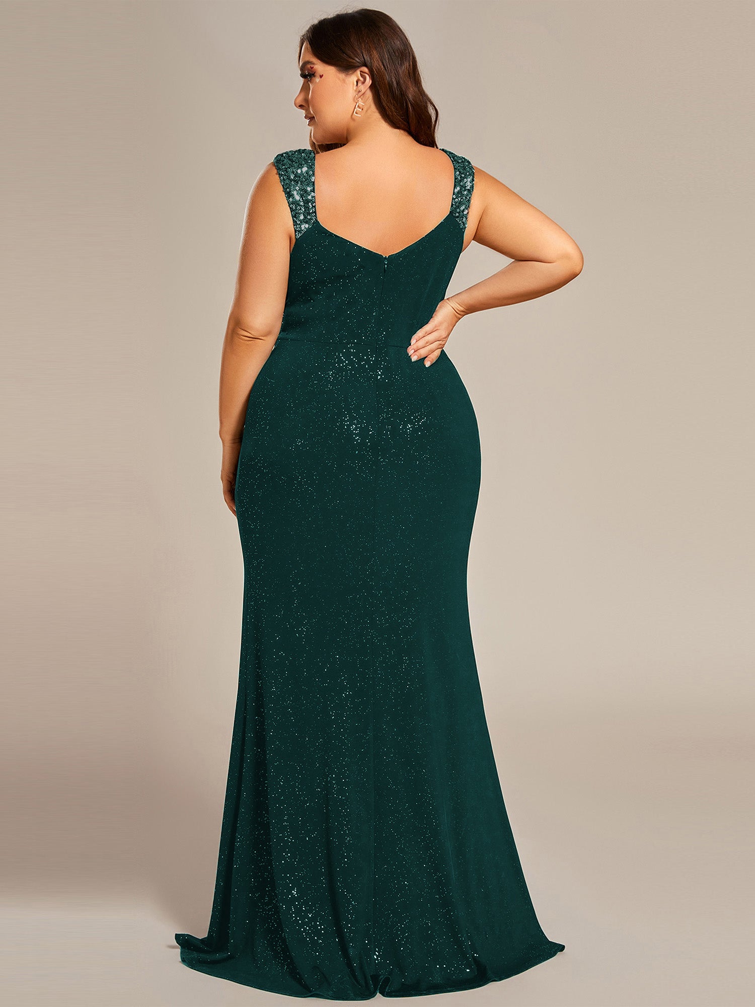 Robe de soirée élégante à paillettes et col en V #Couleur_Vert Fonce