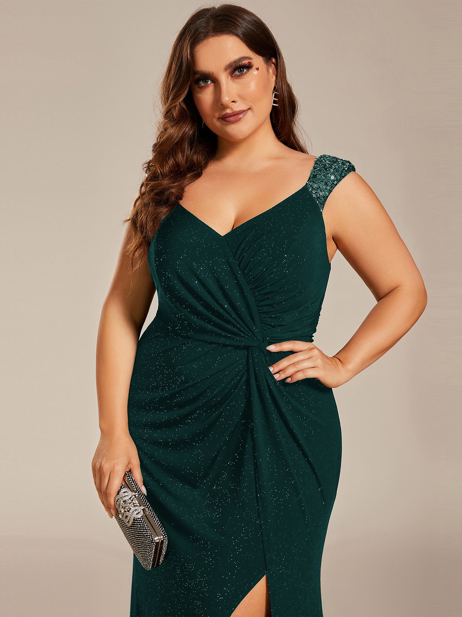 Robe de soirée élégante à col en V à sequins de grande taille #Couleur_Vert Fonce