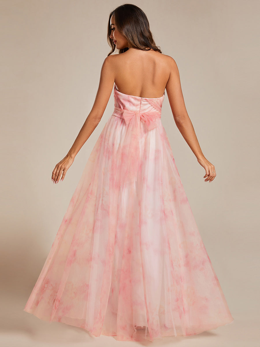 Robe de soirée taille empire florale sans bretelles multidirectionnelle avec plissé #Couleur_Rose