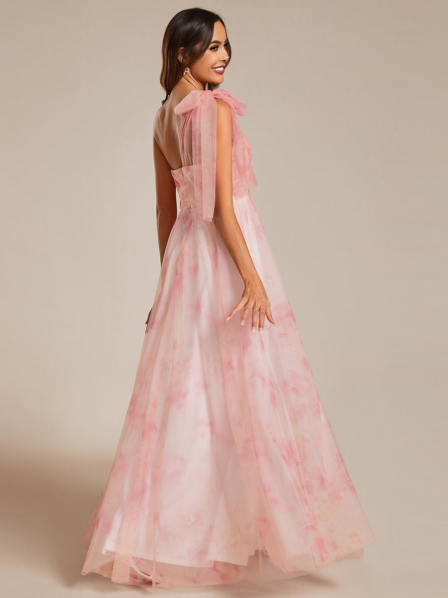 Robe de soirée taille empire florale sans bretelles multidirectionnelle avec plissé #Couleur_Rose