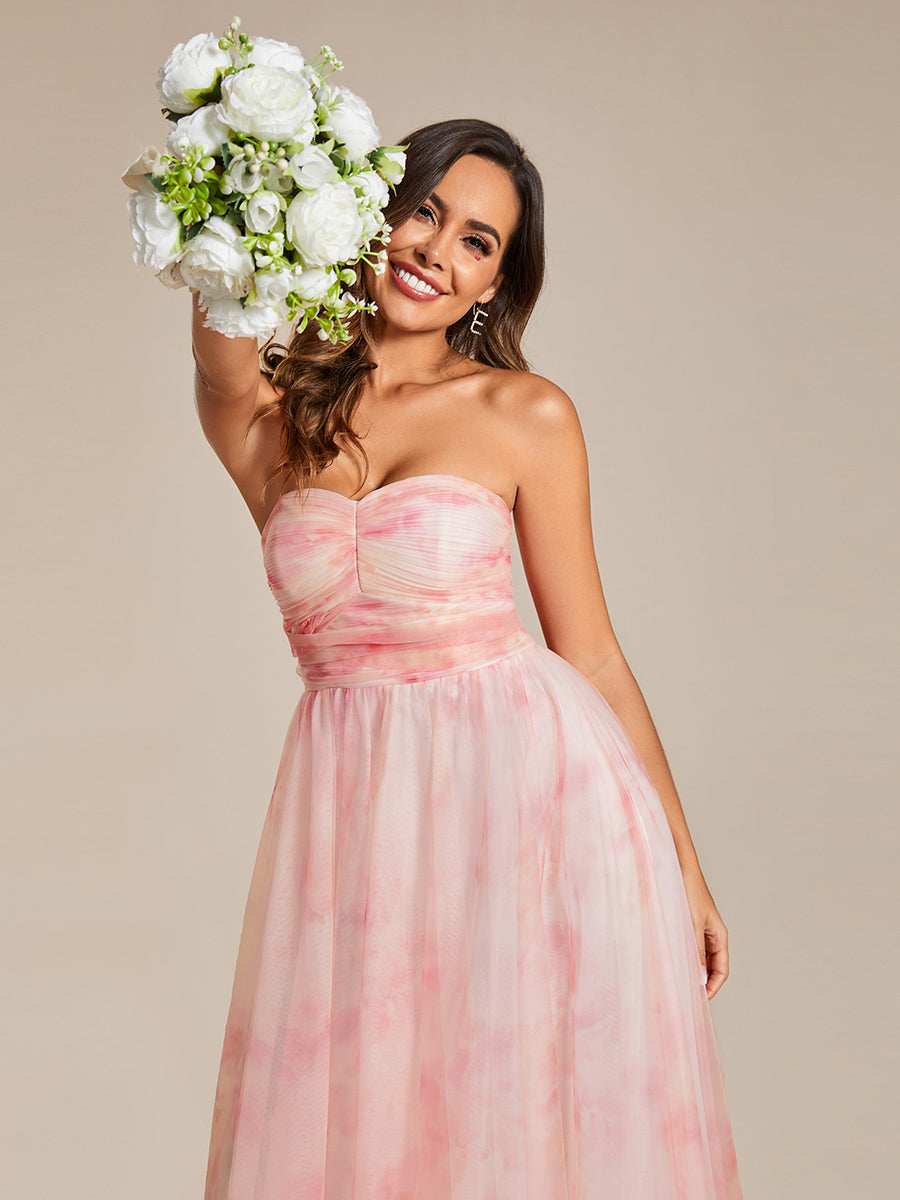 Robe de soirée taille empire florale sans bretelles multidirectionnelle avec plissé #Couleur_Rose